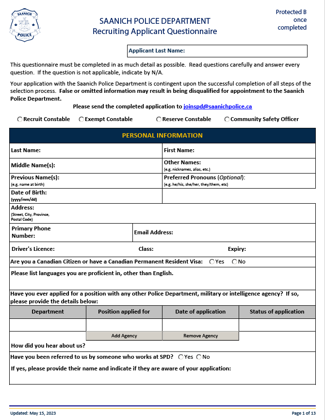 Recruit Applicant Questionnaire